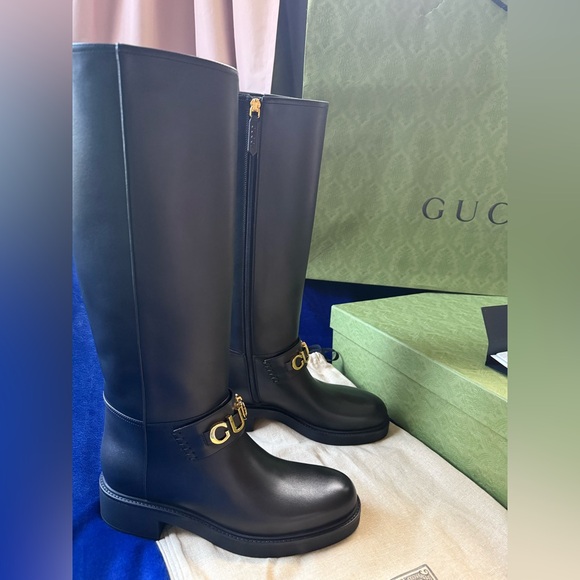 NEW GUCCI KNEE-HIGH LOGO BLACK LEATHER BOOTS -WOMEN US 10 EU 40 - Picture 3 of 12